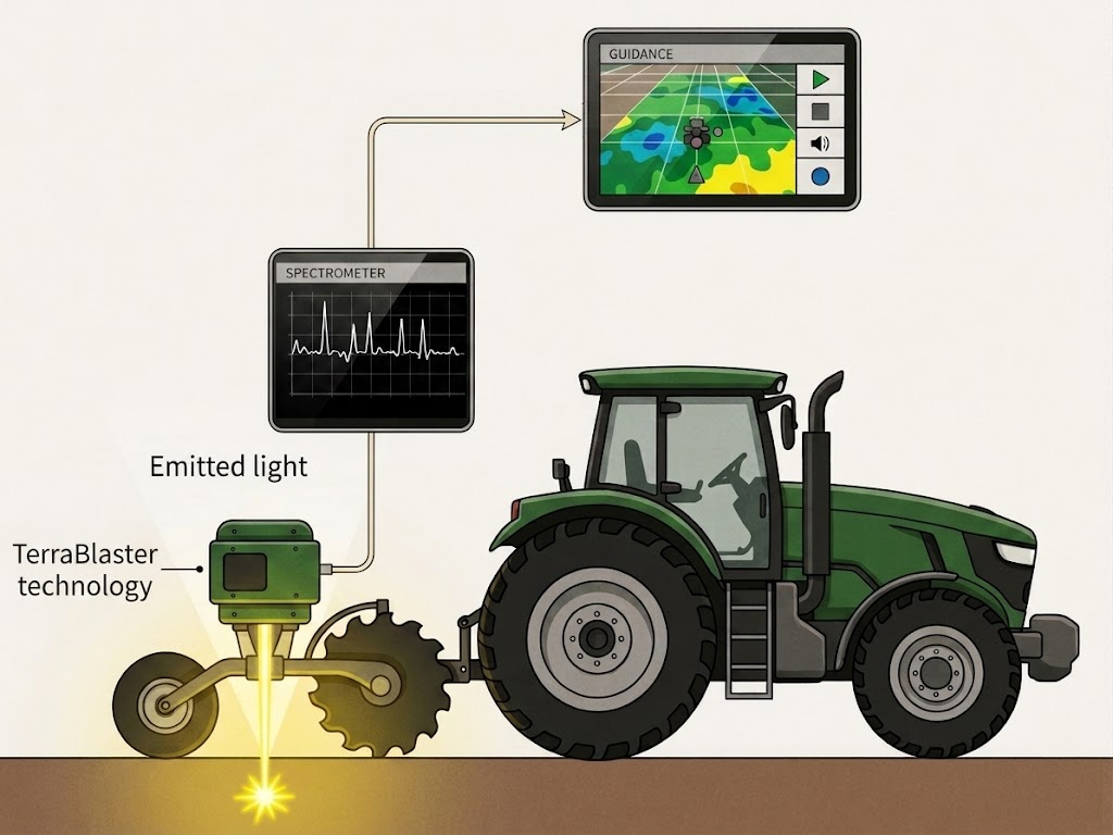 Diagram of TerraBlaster's LIBS laser measuring soil nutrients as the Blaster 1000 drives through a field